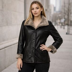 DANIER Vintage Black Leather Faux Fur Lined Y2K Jacket Coat XS